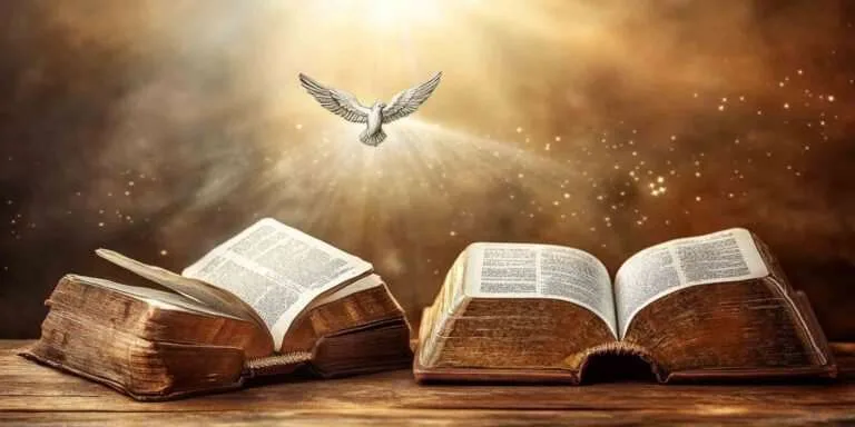 a bird flying over open bibles