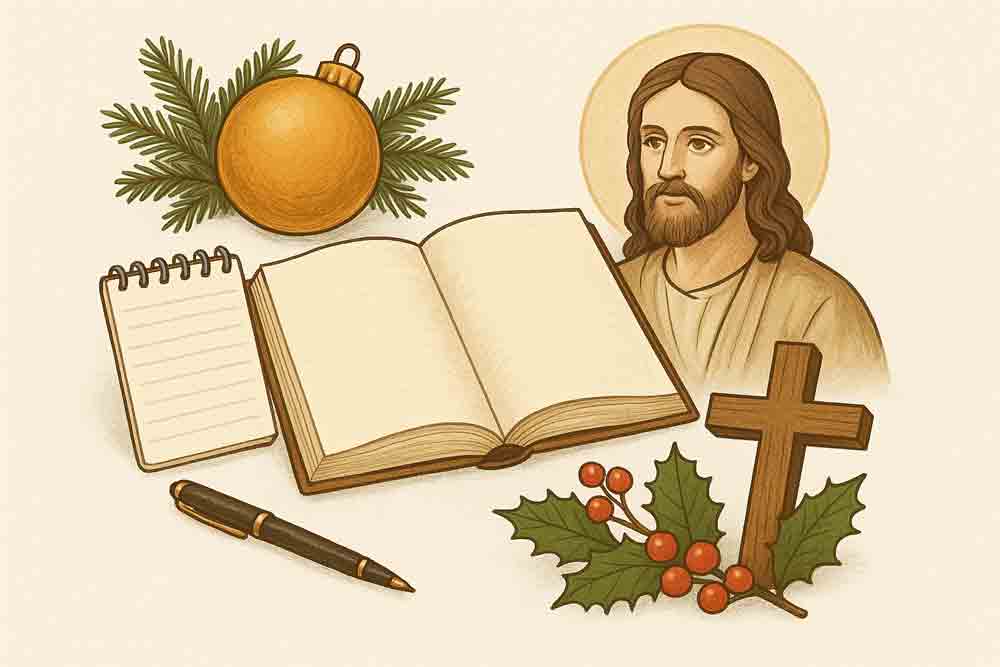 Ceo prikaz deluje toplo i mirno, u tonovima bež i zlatne boje, kao simbol razmišljanja, vere i duhovnog nadahnuća — tipično za verske ili novogodišnje ilustracije.