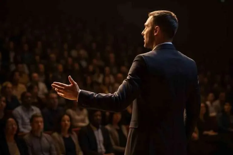 Samouveren govornik na bini obraća se velikoj publici u polumračnoj sali; istaknut je njegov pokret ruke, dok zamućena publika pažljivo sluša.