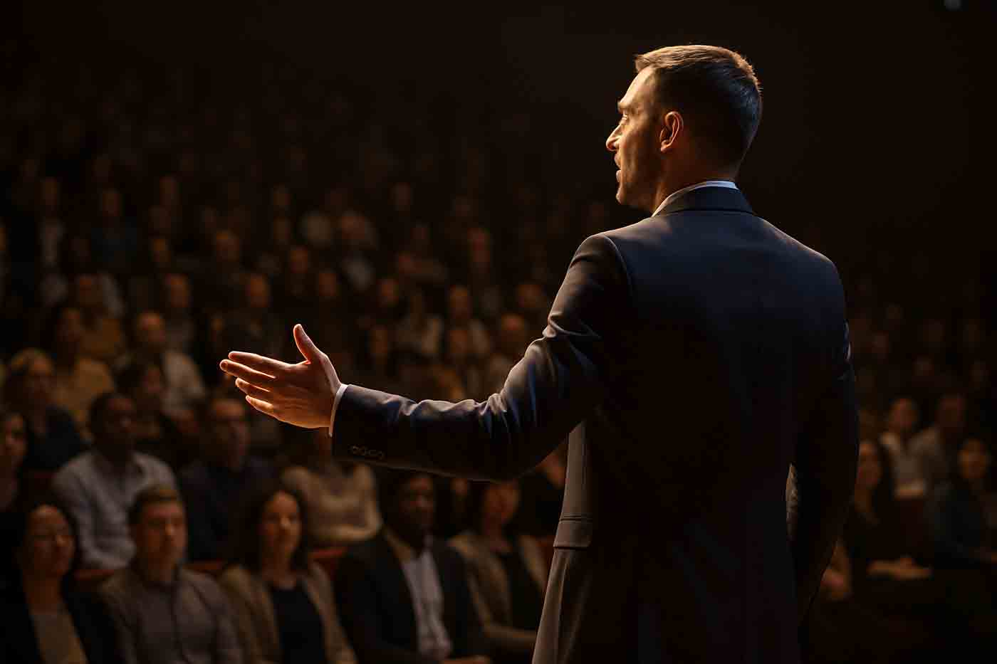 Samouveren govornik na bini obraća se velikoj publici u polumračnoj sali; istaknut je njegov pokret ruke, dok zamućena publika pažljivo sluša.