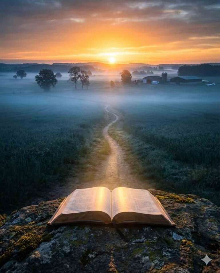 Svjetleća otvorena Biblija na kamenu osvjetljava put kroz maglovit krajolik prema izlasku sunca.
