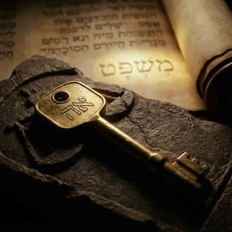 Stari zlatni ključ i pergament sa hebrejskom reči "Mišpat", osvetljeni zagonetnom svetlošću.