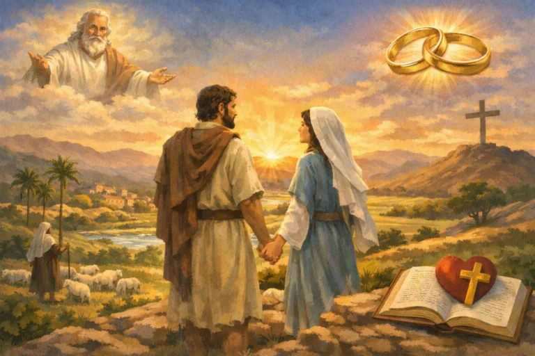 A biblical-style illustration of a husband and wife standing hand in hand on a rocky hill at sunset, overlooking a peaceful valley with a village, river, sheep, a wooden cross in the distance, glowing wedding rings in the sky, and an open Bible in the foreground.