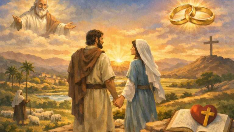 A biblical-style illustration of a husband and wife standing hand in hand on a rocky hill at sunset, overlooking a peaceful valley with a village, river, sheep, a wooden cross in the distance, glowing wedding rings in the sky, and an open Bible in the foreground.