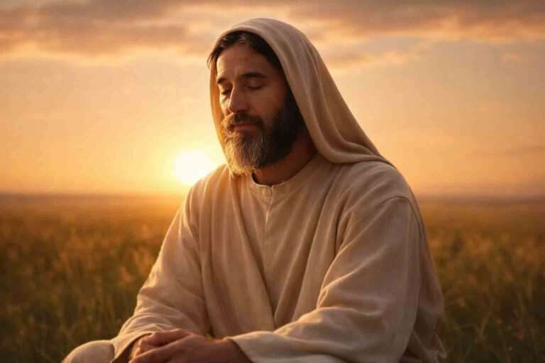 Alt text: Bearded man in a light beige robe and hood sitting peacefully in a field at sunset, eyes closed, with warm golden light and a calm sky in the background.