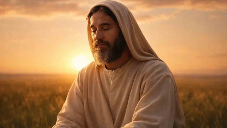 Alt text: Bearded man in a light beige robe and hood sitting peacefully in a field at sunset, eyes closed, with warm golden light and a calm sky in the background.