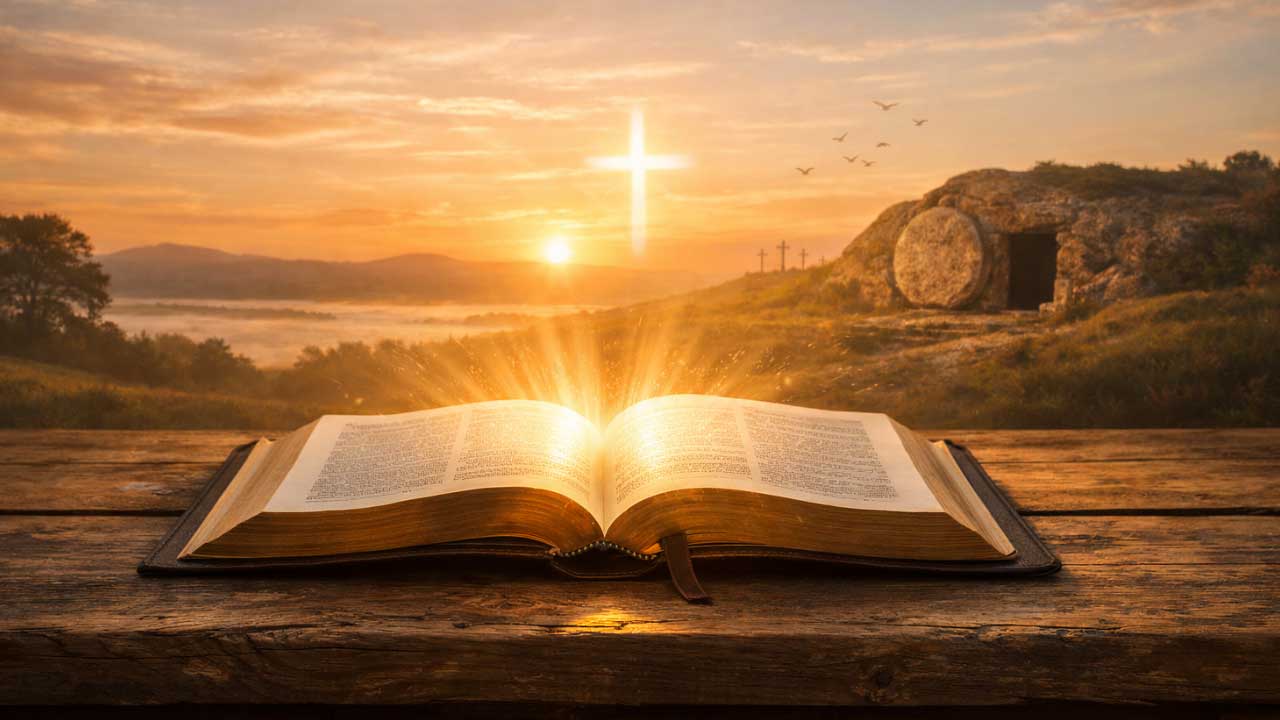 Otvorena Biblija obasjana toplom svetlošću sa izlaskom sunca u pozadini, kao simbol biblijske nade u uskrsnuće i večni život.