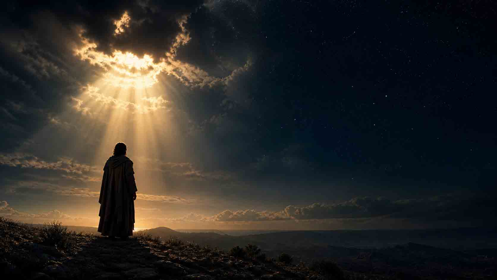 Cinematic biblical blog hero image, a silent night sky opening with soft golden heavenly light