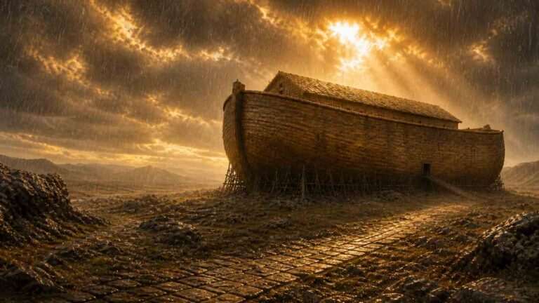 Realistic biblical scene of Noah's Ark on a vast ancient landscape under dramatic storm clouds