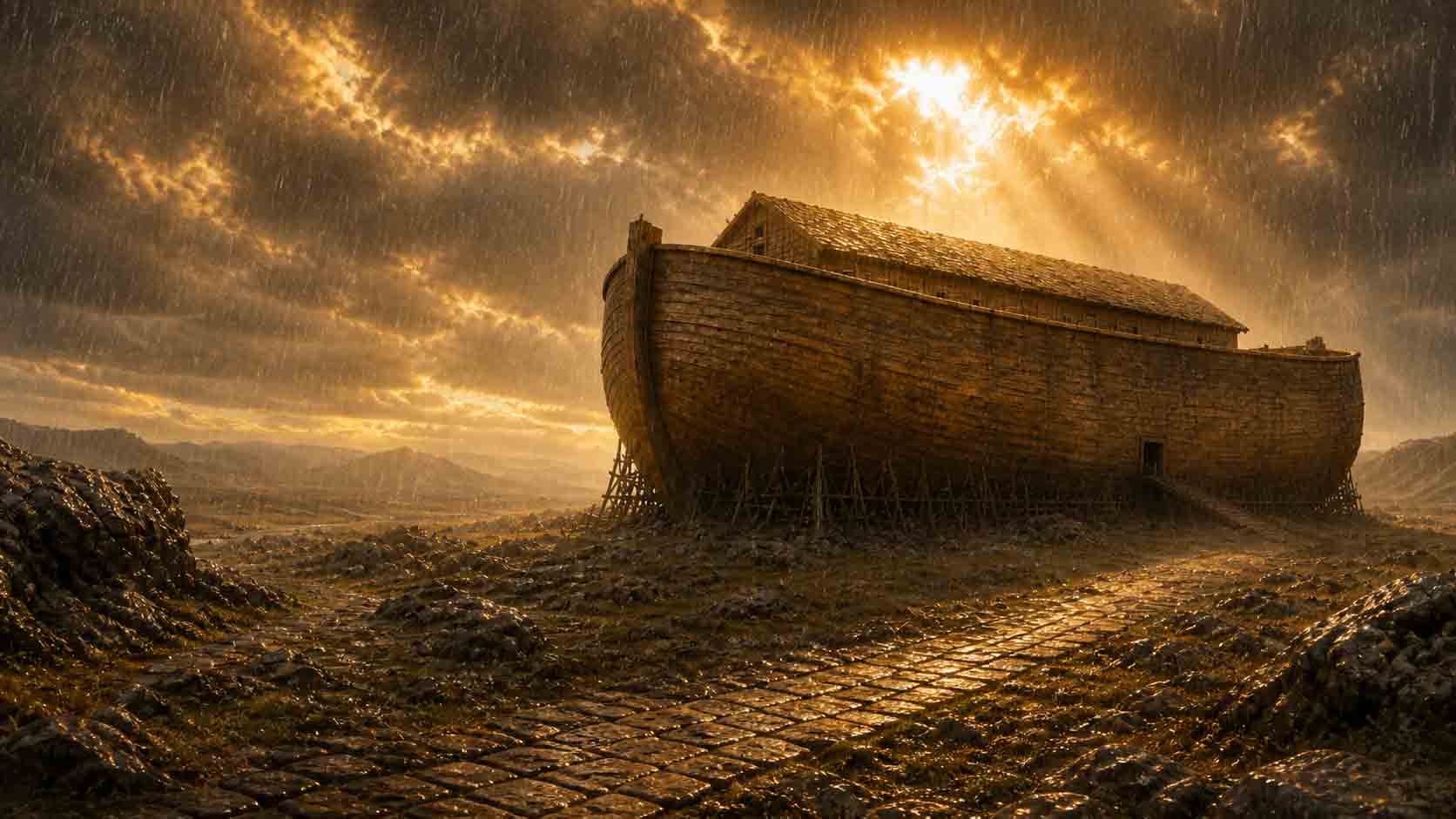 Realistic biblical scene of Noah's Ark on a vast ancient landscape under dramatic storm clouds